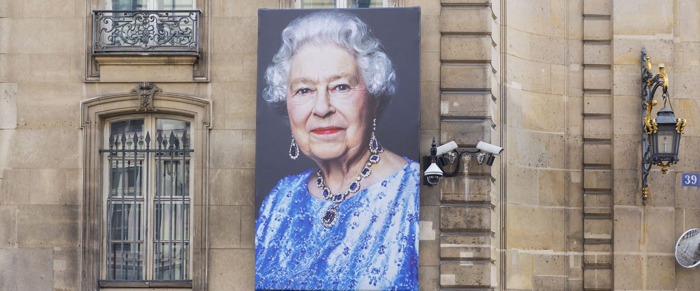 Queen Elizabeth II, giant portrait, Paris