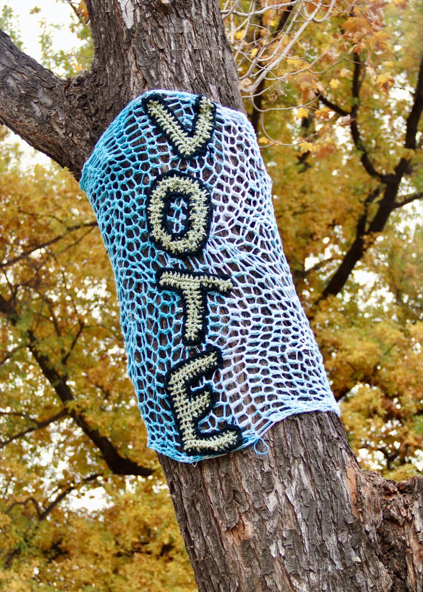 vote, knitted sign, tree