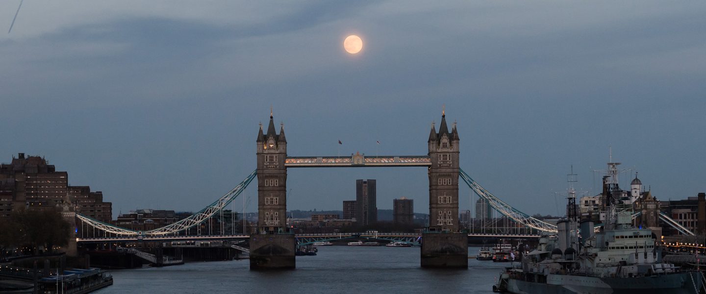 Moon rises, Tower Bridge, London