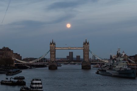 Moon rises, Tower Bridge, London