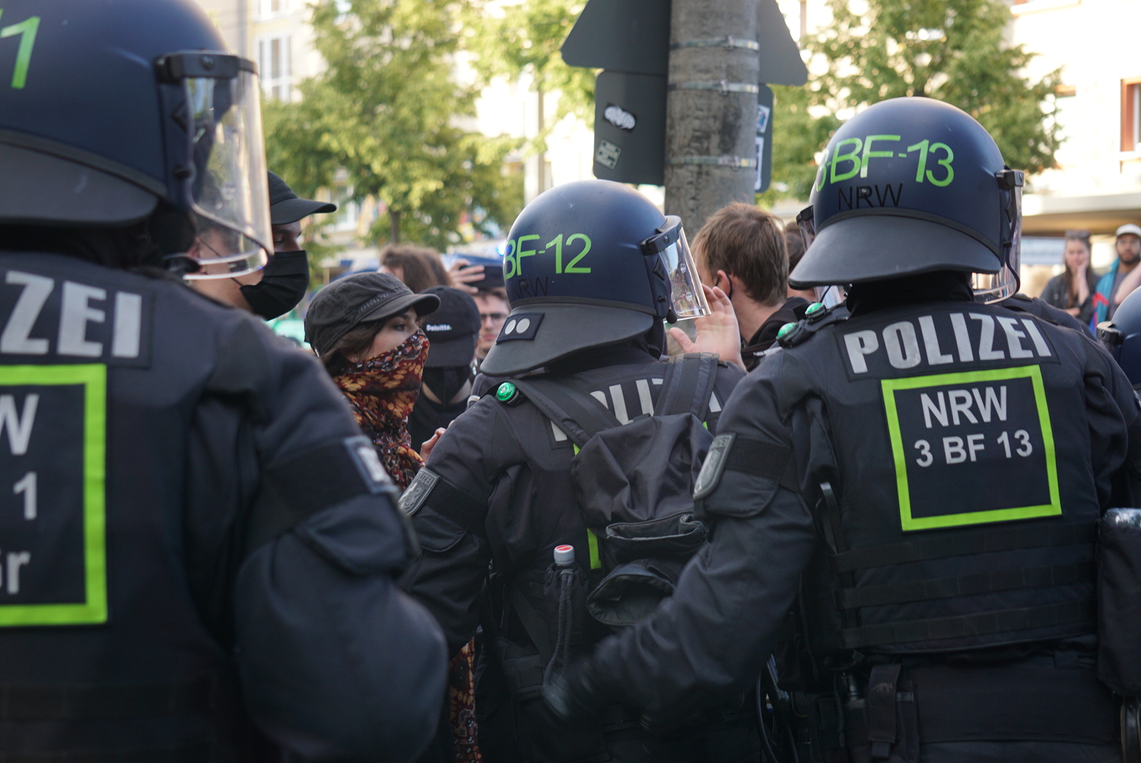 Police attempt to push back protesters in Leipzig.