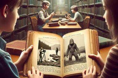 Vintage library, teens study, Bigfoot, aliens