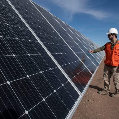 worker checks, solar panels, working properly