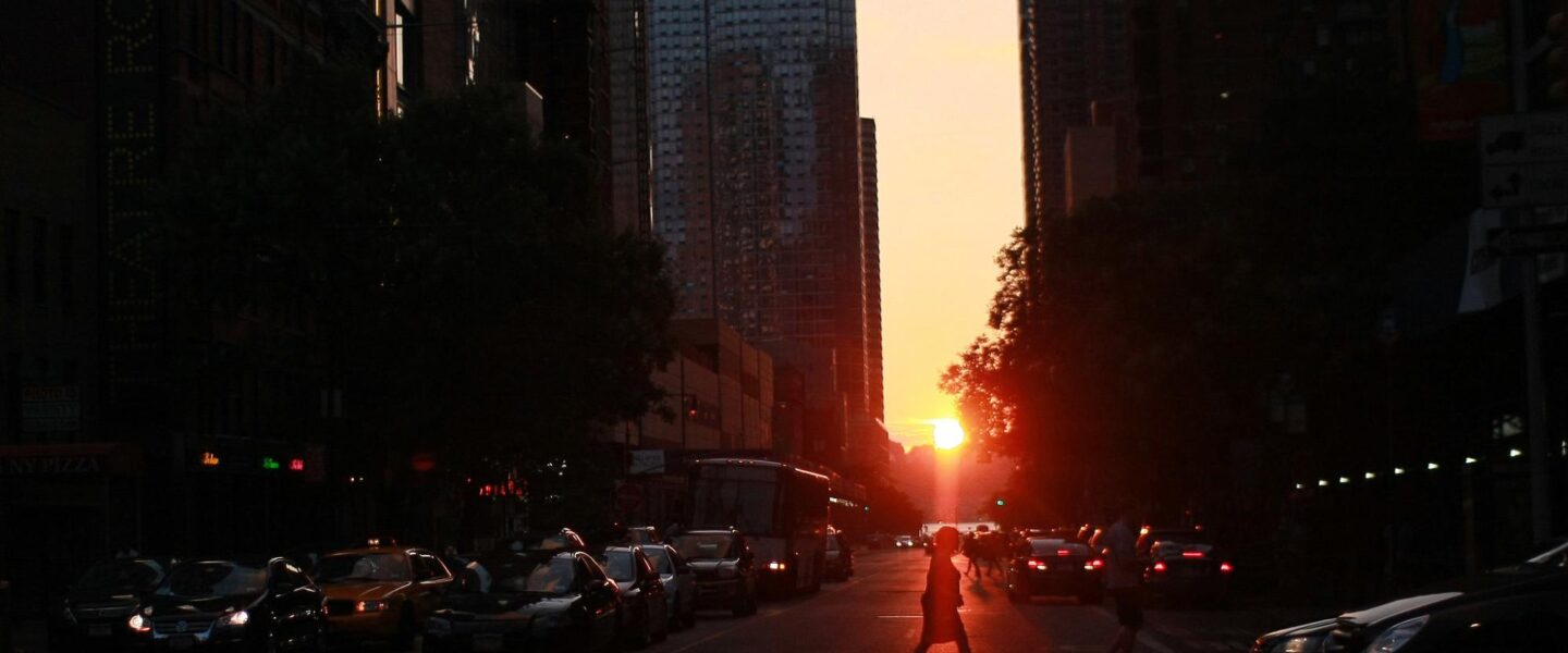 natural phenomenon, sunset, Manhattanhenge, grid alignment, skyscraper frame