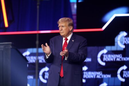 Donald Trump, standing, The People’s Convention, Detroit, MI