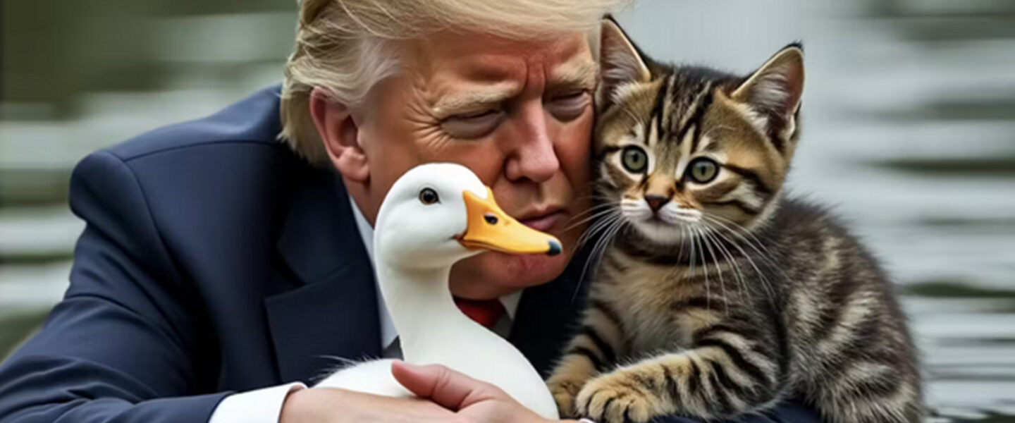 Donald Trump, pond, cat, duck