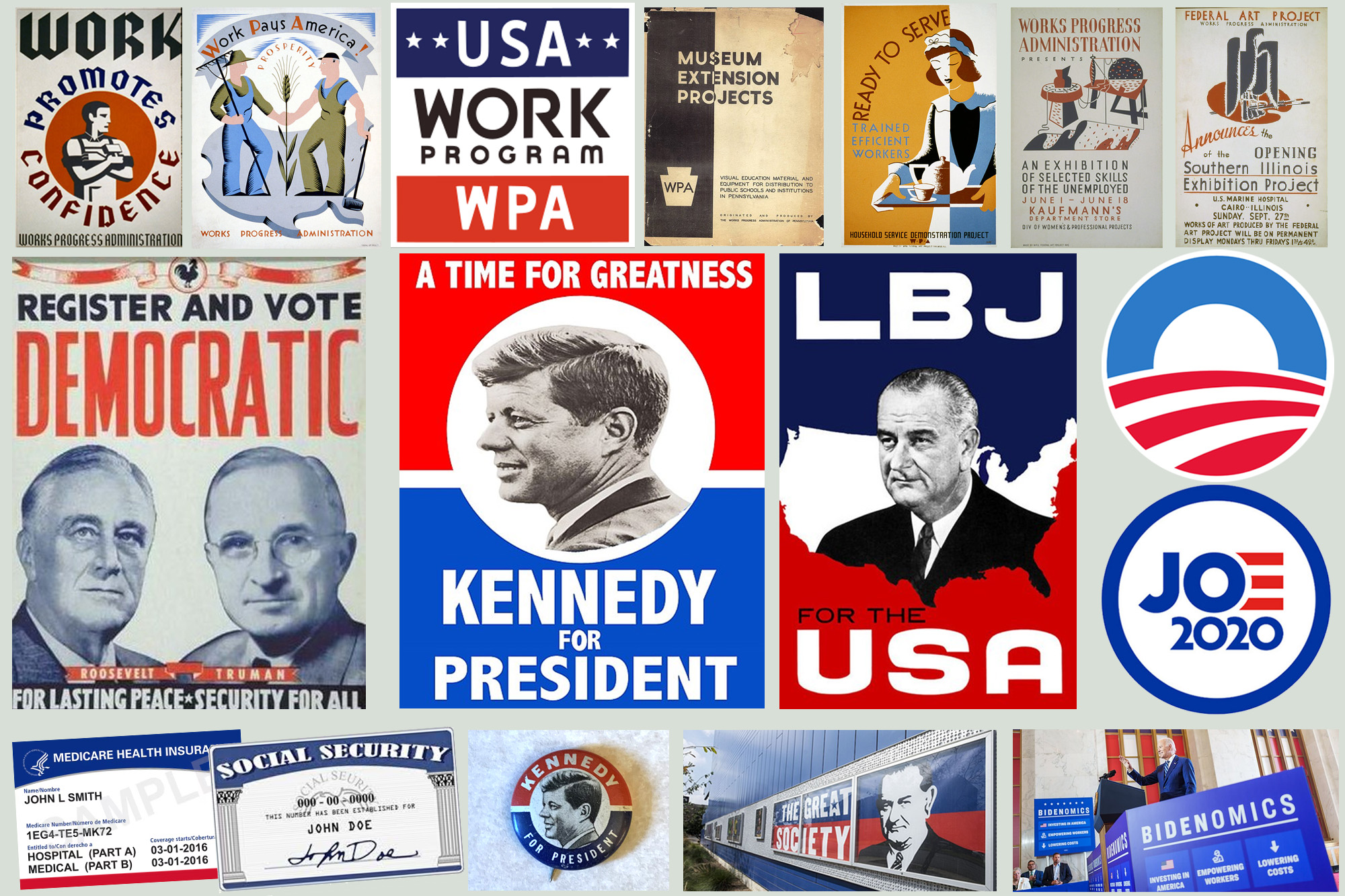 Democratic campaign signs, posters, button, WPA, FDR, JFK, LBJ, Obama, Biden