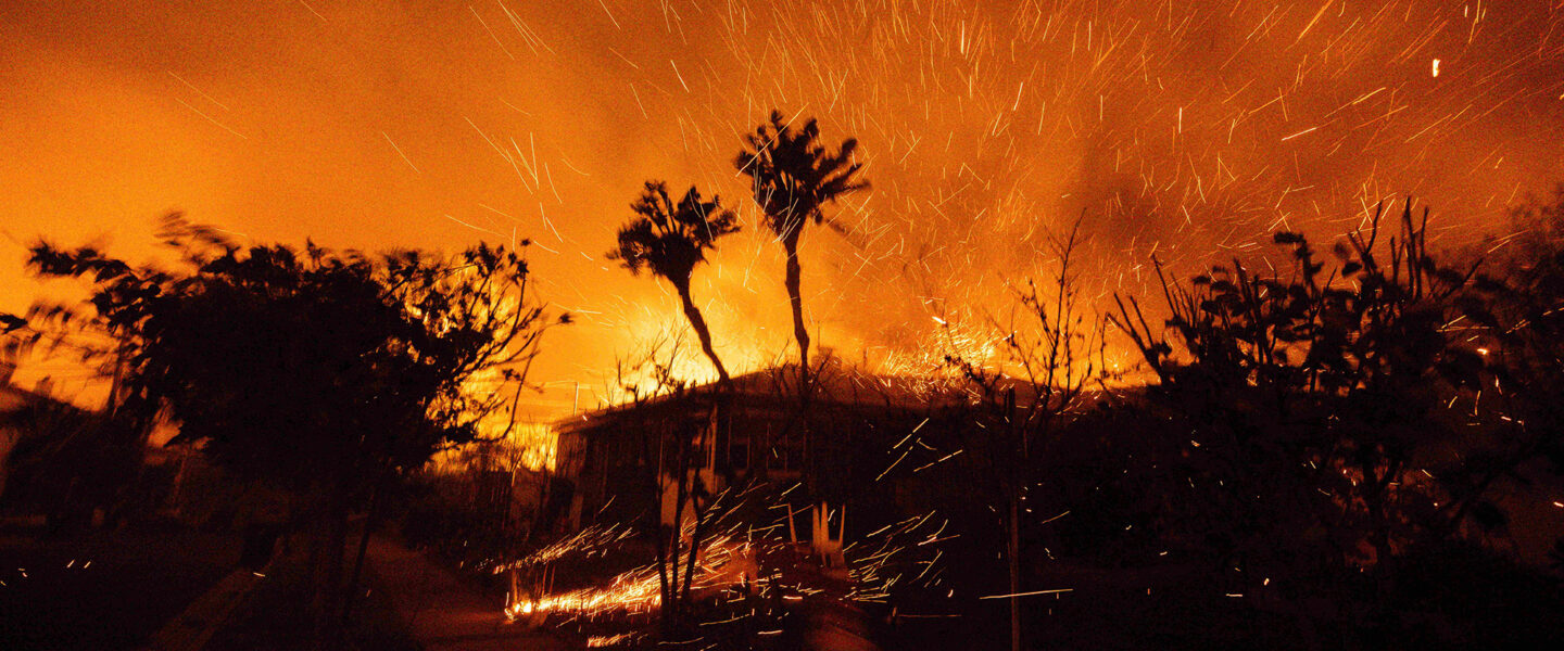 Flames and embers, burning home, Pacific Palisades