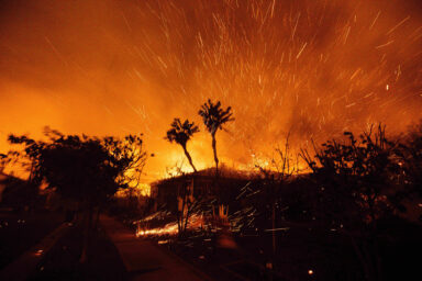 Flames and embers, burning home, Pacific Palisades