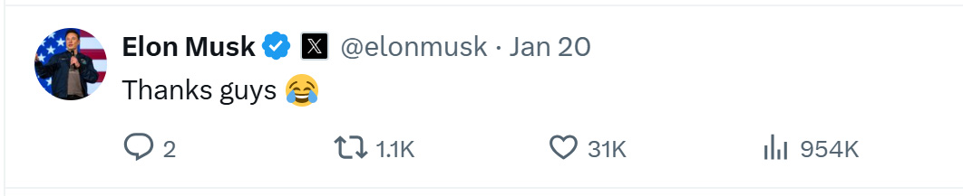 Elon Musk, Thanks guys, tweet