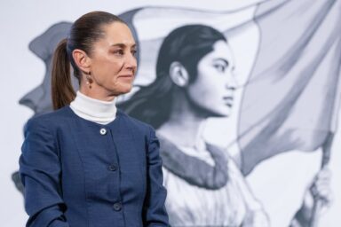 Mexican President Claudia Sheinbaum, flag, portrait