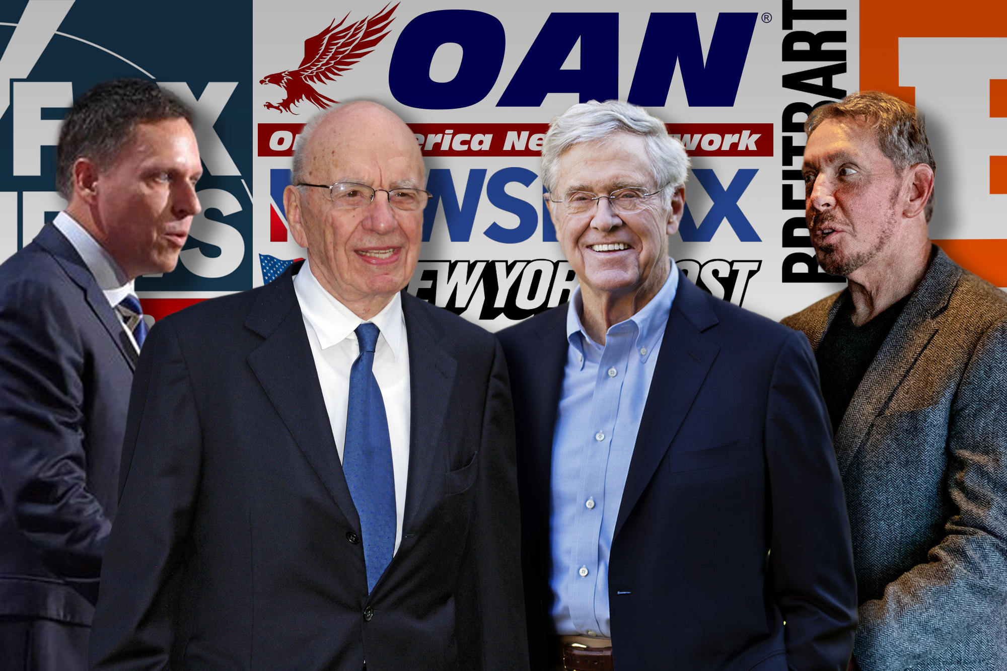 Peter Theil, Rupert Murdoch, Charles Koch, Larry Ellison