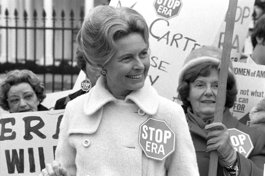 Phyllis Schlafly, wearing, Stop ERA, badge