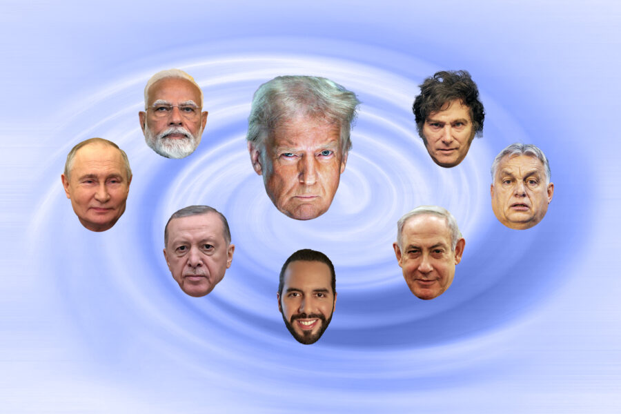 Donald Trump, Viktor Orban, Recep Tayyip Erdoğan, Benjamin Netanyahu, Vladimir Putin, Narendra Modi, Nayib Bukele, Javier Milei