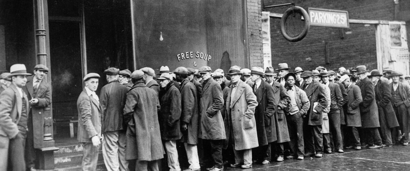 Unemployed men, queued, depression, soup kitchen