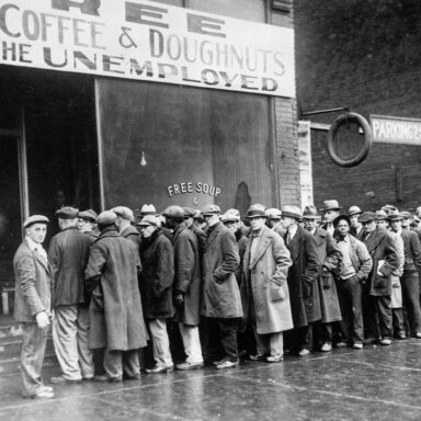 Unemployed men, queued, depression, soup kitchen