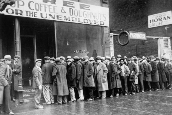 Unemployed men, queued, depression, soup kitchen