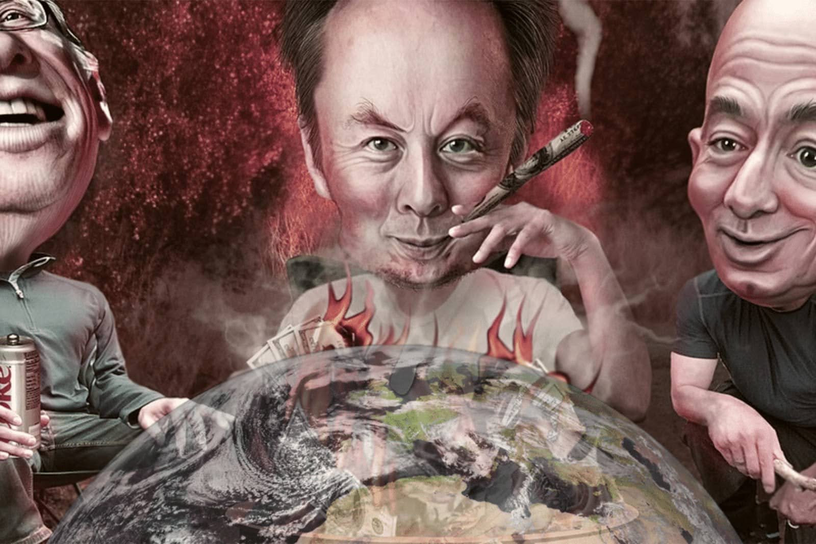 Billionaires, roasting, planet, Bill Gates, Elon Musk, Jeff Bezos