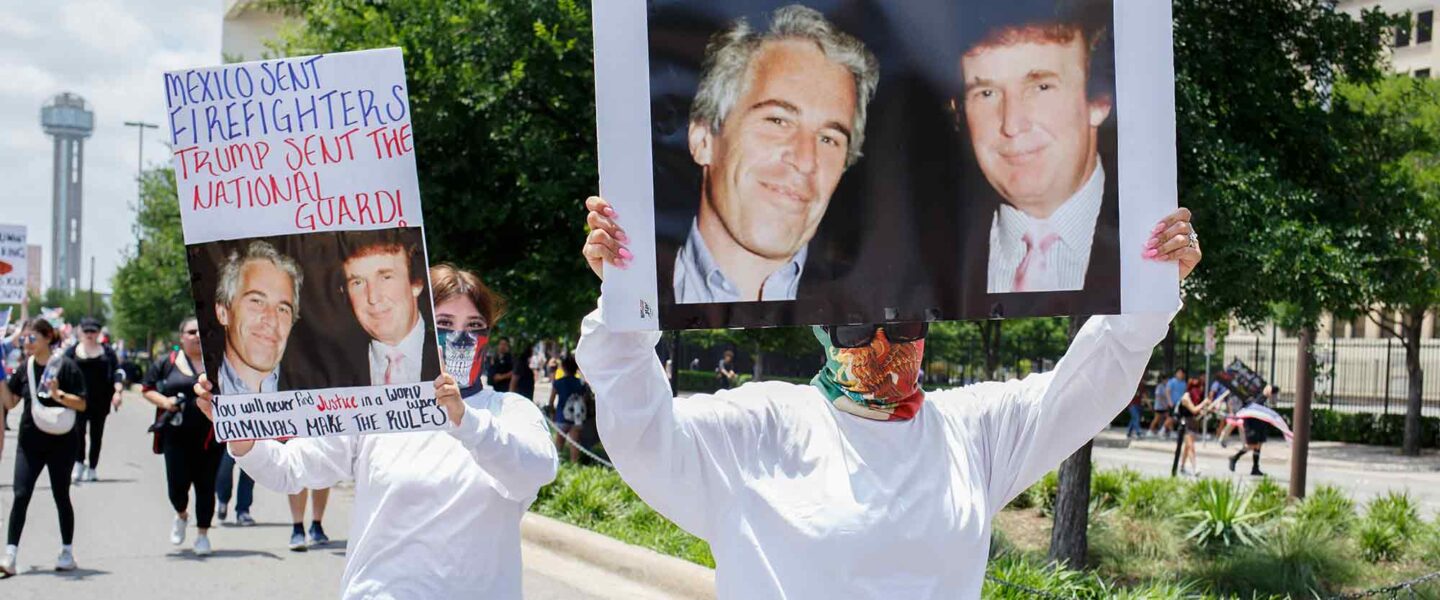 Protest posters, Donald Trump, convicted sex trafficker, Jeffrey Epstein