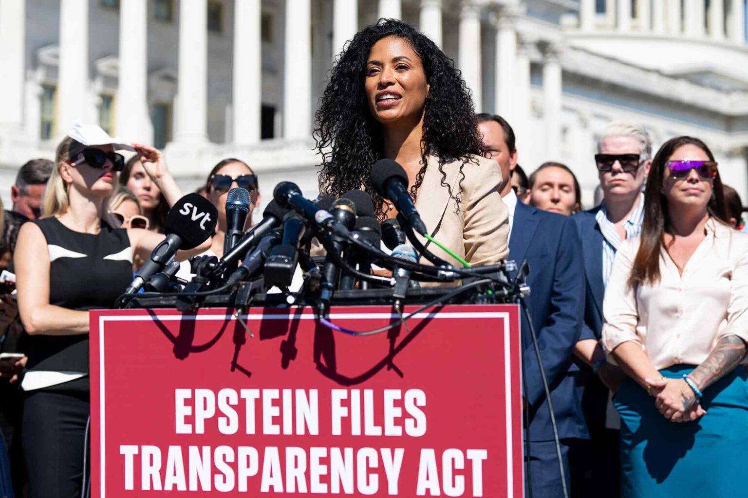 Lisa Phillips, speaks, news conference, Epstein survivors