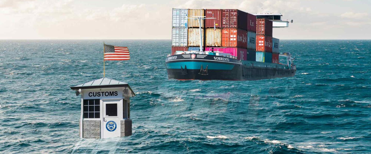 Customs house, toll booth, container ship