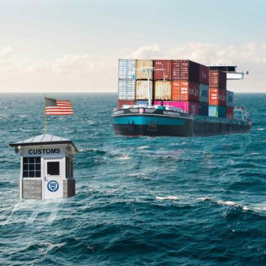 Customs house, toll booth, container ship