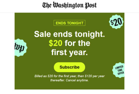 Screenshot, Washington Post, subscription sale, ad