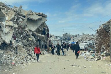 Palestinians in the ruins of Gaza on February 22, 2025.