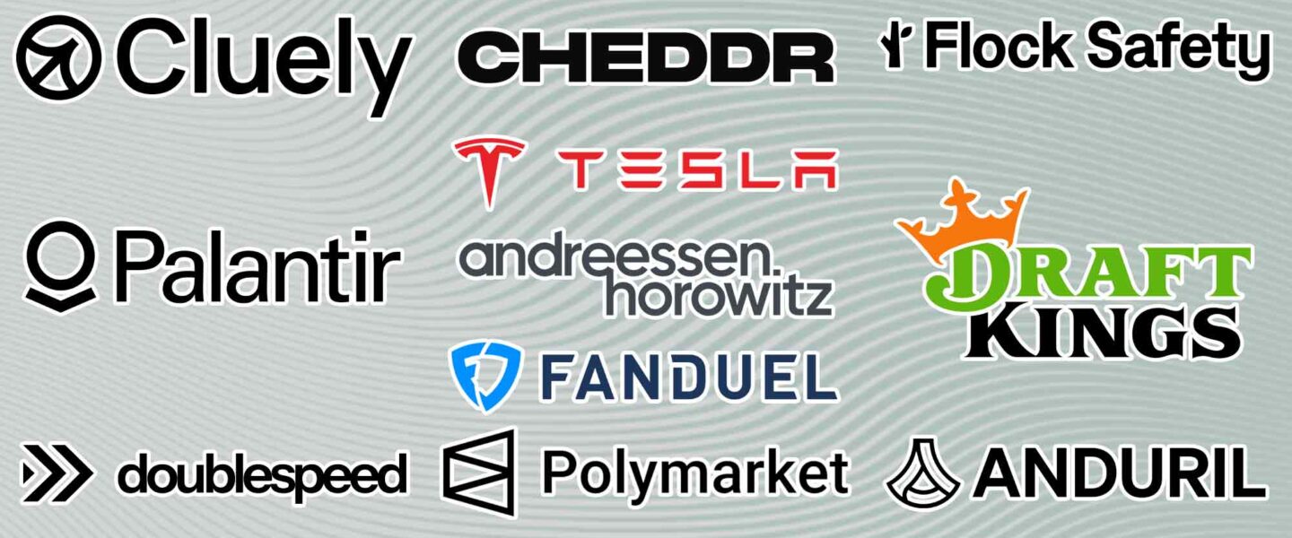 Andreessen Horowitz, Palantir, Anduril, Flock Safety, Tesla, Fanduel, Draft Kings, Polymarket, Cheddr, DoubleSpeed, Cluely