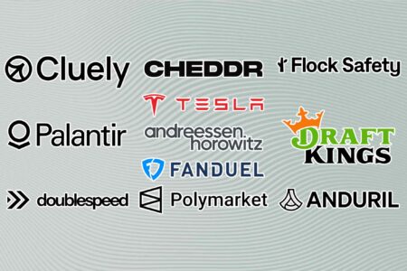 Andreessen Horowitz, Palantir, Anduril, Flock Safety, Tesla, Fanduel, Draft Kings, Polymarket, Cheddr, DoubleSpeed, Cluely