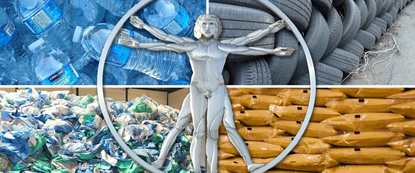 Microplastics, Water Bottles, Tires, Medical Waste, and Plastic Bags, da Vinci man
