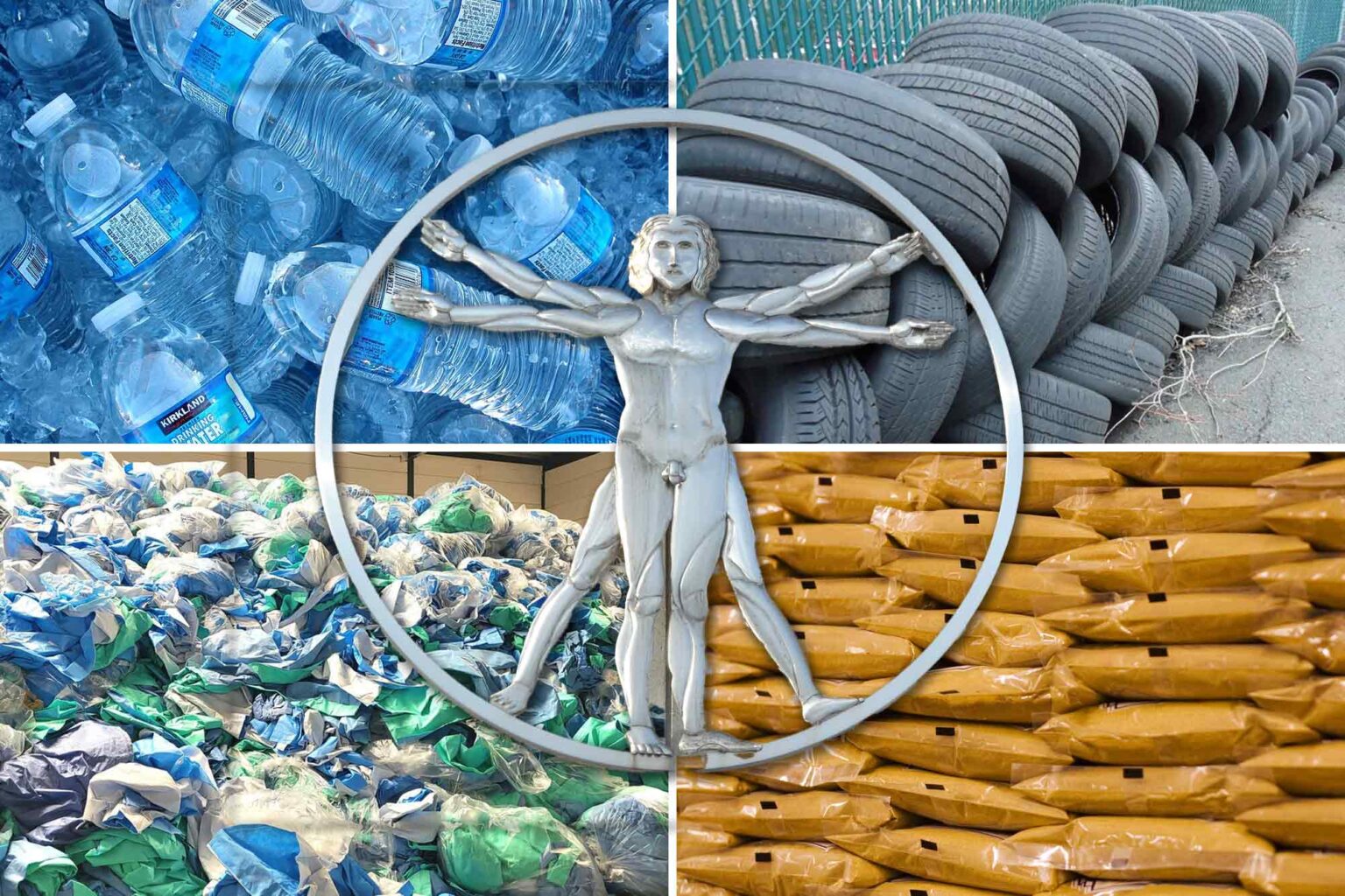 Microplastics, Water Bottles, Tires, Medical Waste, and Plastic Bags, da Vinci man