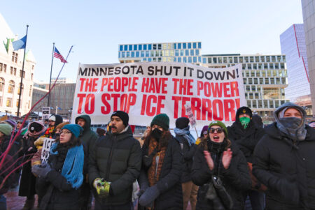Image Alt Text: Sign, Minnesota Shut It Down, The People have the power to stop ice terror Minnesota