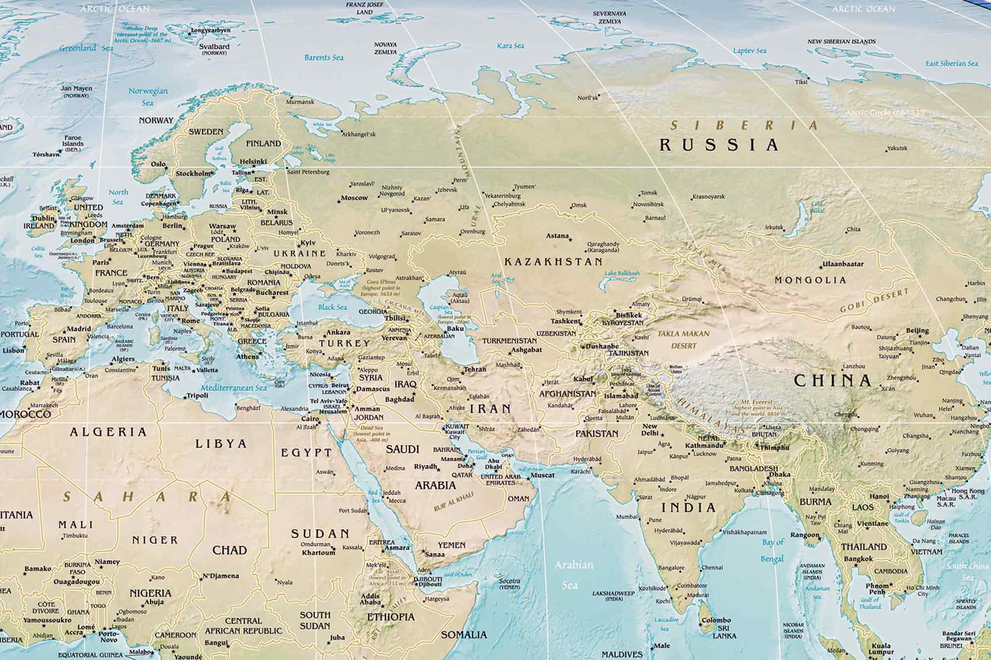 Map of the world, Robinson projection, Europe, Middle East.