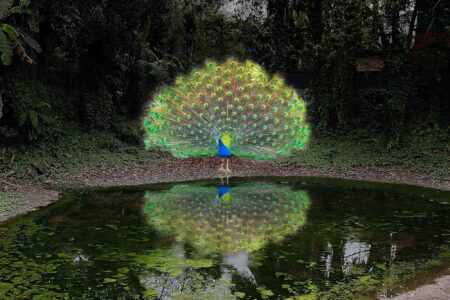 Peacock preening , stagnant pond