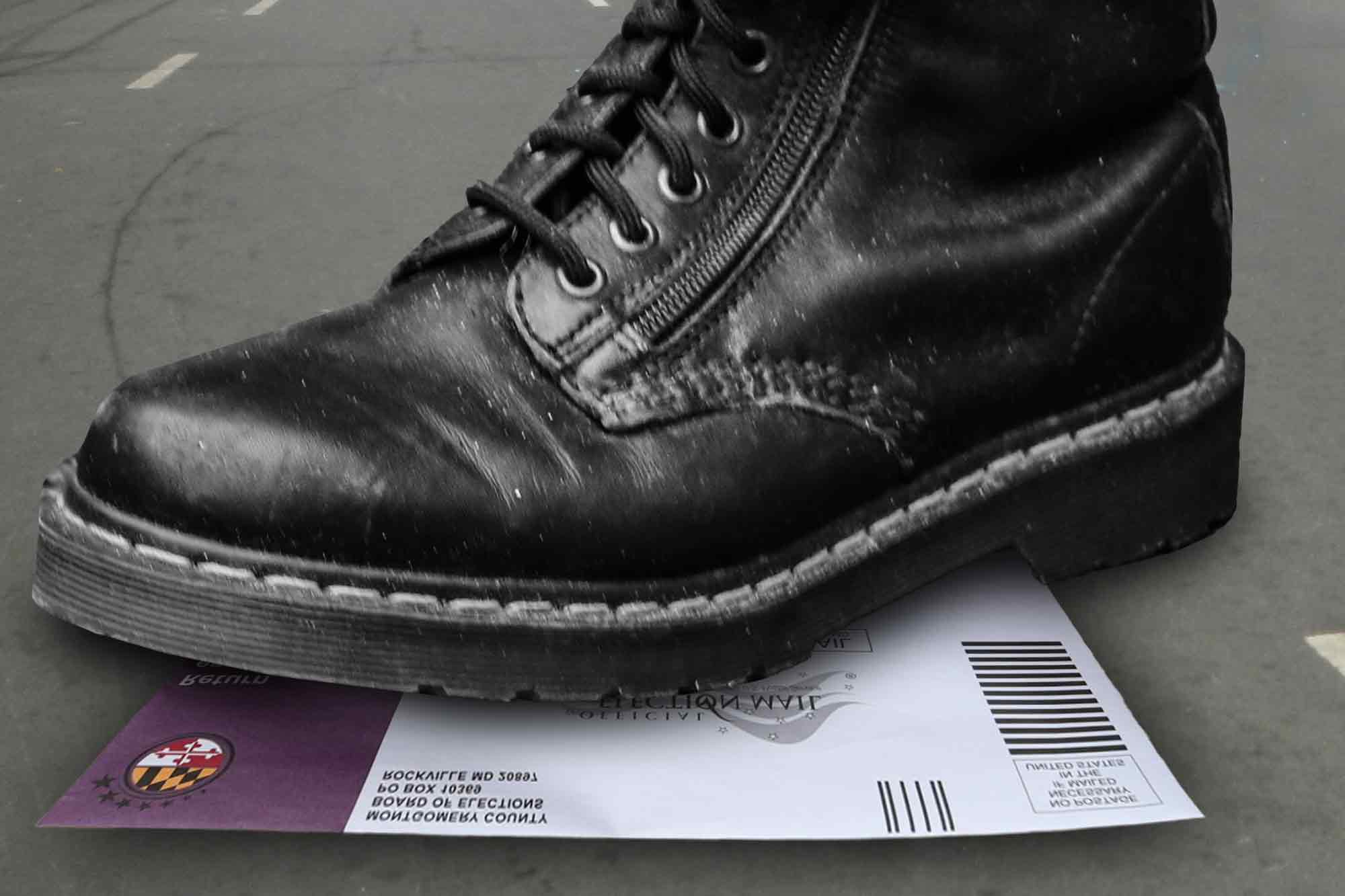 Jack boot, mail-in ballot, voter suppression
